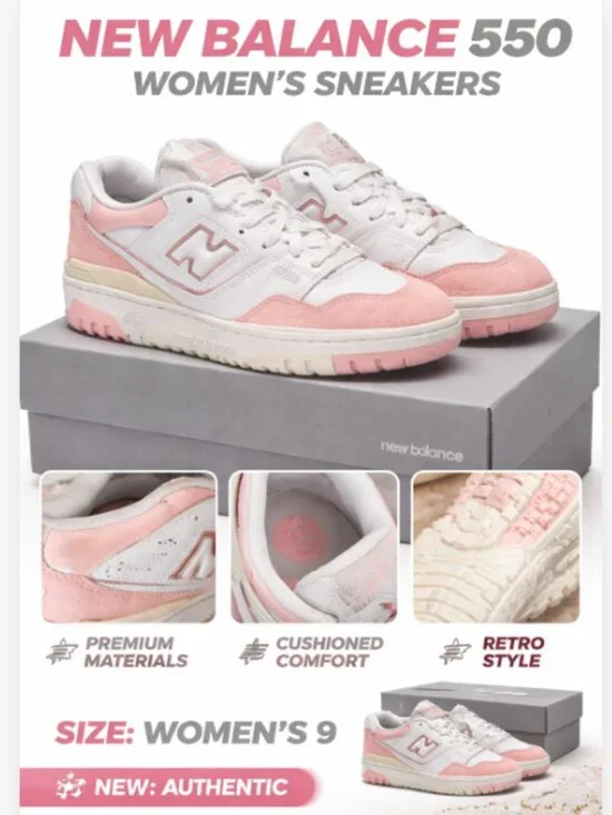New Balance 550 White Pink Women’s Sneakers Size 9 Retro Leather Shoes New - Picture 1 of 12